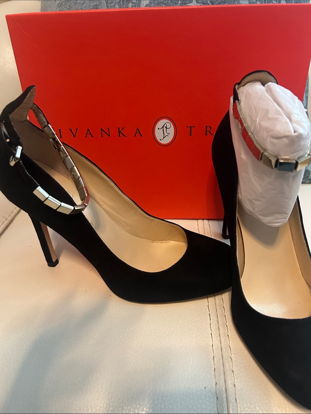 Ivanka Trump Black Suede Pointed-Toe Pumps with Metallic Ankle Strap